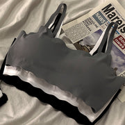 スポーツブラ フルカップブラ ブラジャー シームレスショーツ スタンダードショーツ パンツ 2点セット 上下セット セットアップ 下着 インナー 薄手 スカラップ ノンワイヤー ホックなし プルオーバー 無地 シンプル フェミニン シック クール かっこいい スポーティ おしゃれ 素肌感 かぶるタイプ