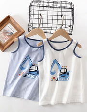 タンクトップ 3枚セット 男の子用 ノースリーブ キッズ ジュニア ボーイズ 下着 インナー 肌着 ラウンドネック 通気性 重機 ユンボ トラック 乗り物 おしゃれ かっこいい デイリー 袖なし