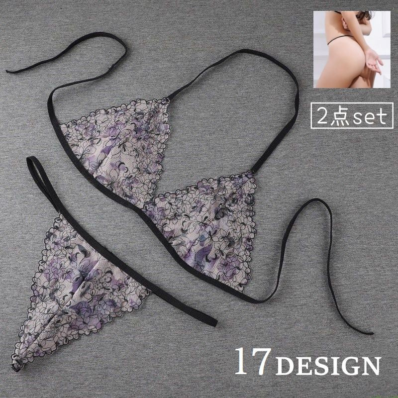 三角ブラ ショーツ 2点セット 上下セット レディース ランジェリー ノンワイヤー Tバック 紐パン 透け感 刺繍 花柄 セクシー 下着 女性 大人