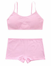 ジュニア用ブラジャー ジュニア用ショーツ セット 上下2点セット セットアップ ハーフトップブラ スポーツブラジャー ボクサーパンツ ボックスショーツ 下着 インナー アンダーウエア カップ入り カップ取り外し可能 ノンワイヤー シンプル 無地 柄なし 子供用 フリーサイズ 女子 小学生 中学生