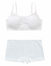 ジュニア用ブラジャー ジュニア用ショーツ セット 上下2点セット セットアップ ハーフトップブラ スポーツブラジャー ボクサーパンツ ボックスショーツ 下着 インナー アンダーウエア カップ入り カップ取り外し可能 ノンワイヤー シンプル 無地 柄なし 子供用 フリーサイズ 女子 小学生 中学生