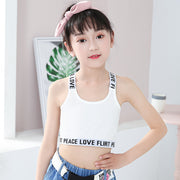 ジュニアブラ スポーツブラ 子供用 キッズ 下着 ブラジャー 無地 英字 ロゴ バッククロス シンプル かっこいい 小学生 中学生 ハーフトップ インナー 肌着 白 黒 グレー ホワイト ブラック 110 120 130 140 150 160 ダンス 運動 エクササイズ トップス カップなし