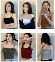 ブラトップ ハーフキャミ レディース ショート丈 へそ出し カップ付きインナー フリル シャーリング 無地 美背中 春夏 可愛い