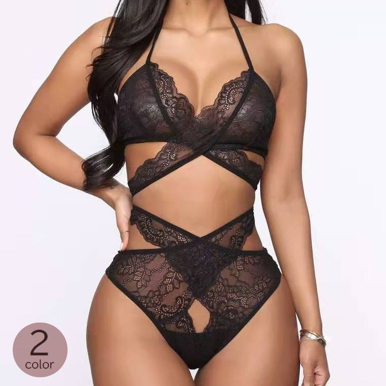 セクシーランジェリー レディース 女性用下着 テディー Tバック 総レース 透け感 穴あき バックリボン ホルターネック シースルー ナイトウェア インナー レオタード フェミニン 大人 ブラック 黒