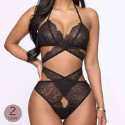 セクシーランジェリー レディース 女性用下着 テディー Tバック 総レース 透け感 穴あき バックリボン ホルターネック シースルー ナイトウェア インナー レオタード フェミニン 大人 ブラック 黒