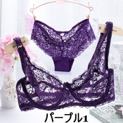 ランジェリー ツーピースセット ブラジャー ショーツ 3/4カップ 3段階ホック 調整可能 下着 インナー レディース レース 花柄 フラワー シースルー ブラック ベージュ セクシー 70B 75B 80B 85B 90B