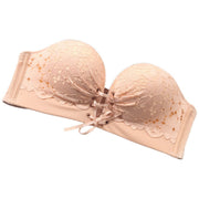 レースアップブラ 3WAY ストラップレス ブラジャー 単品 レディース インナー ストラップ取り外し可 下厚パッド 編み上げ ずれにくい 刺しゅうレース 女性用 下着 ピンク ブラック ベージュ 肩紐なし 落ちない ずれにくい