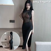 セクシーランジェリー ロングドレス ナイトドレス レディース 女性 レース シアー 透け感 スリット ノースリーブ クルーネック ハイスリット ロングスカート チャイナドレス ワンピース セクシー 大人女子 可愛い 婦人