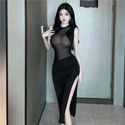 セクシーランジェリー ロングドレス ナイトドレス レディース 女性 レース シアー 透け感 スリット ノースリーブ クルーネック ハイスリット ロングスカート チャイナドレス ワンピース セクシー 大人女子 可愛い 婦人