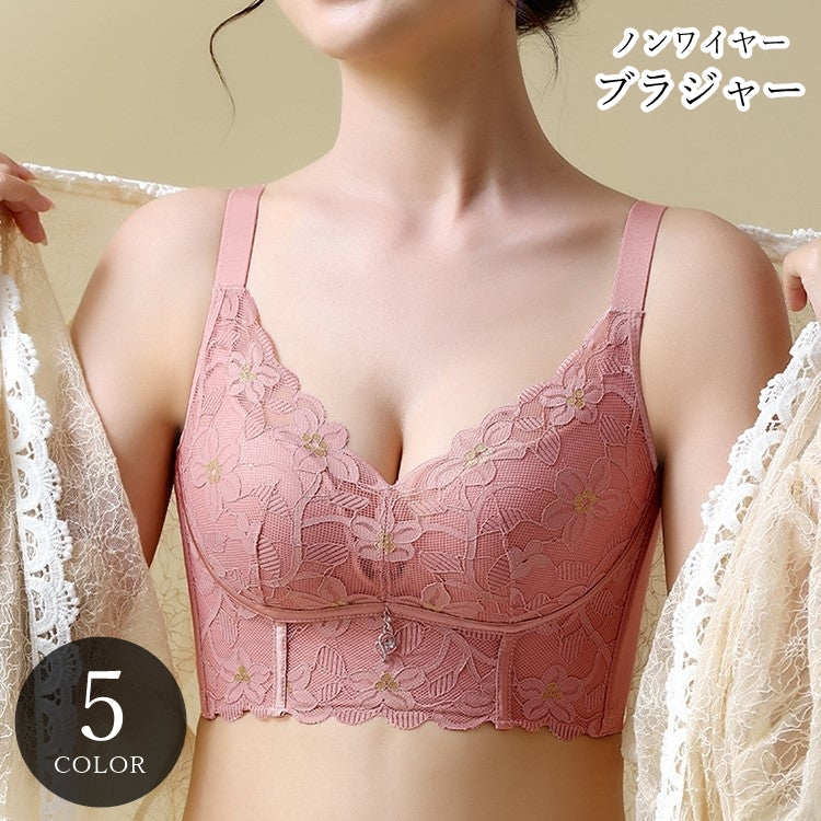 ノンワイヤーブラジャー フルカップブラジャー レディース 女性 インナー 下着 幅広 バックホック 5段ホック 4列ホック Uバック レース ラインストーン 花柄 フラワー ピンク ブラック ブルー フェミニン 可愛い キュート おしゃれ