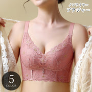 ノンワイヤーブラジャー フルカップブラジャー レディース 女性 インナー 下着 幅広 バックホック 5段ホック 4列ホック Uバック レース ラインストーン 花柄 フラワー ピンク ブラック ブルー フェミニン 可愛い キュート おしゃれ