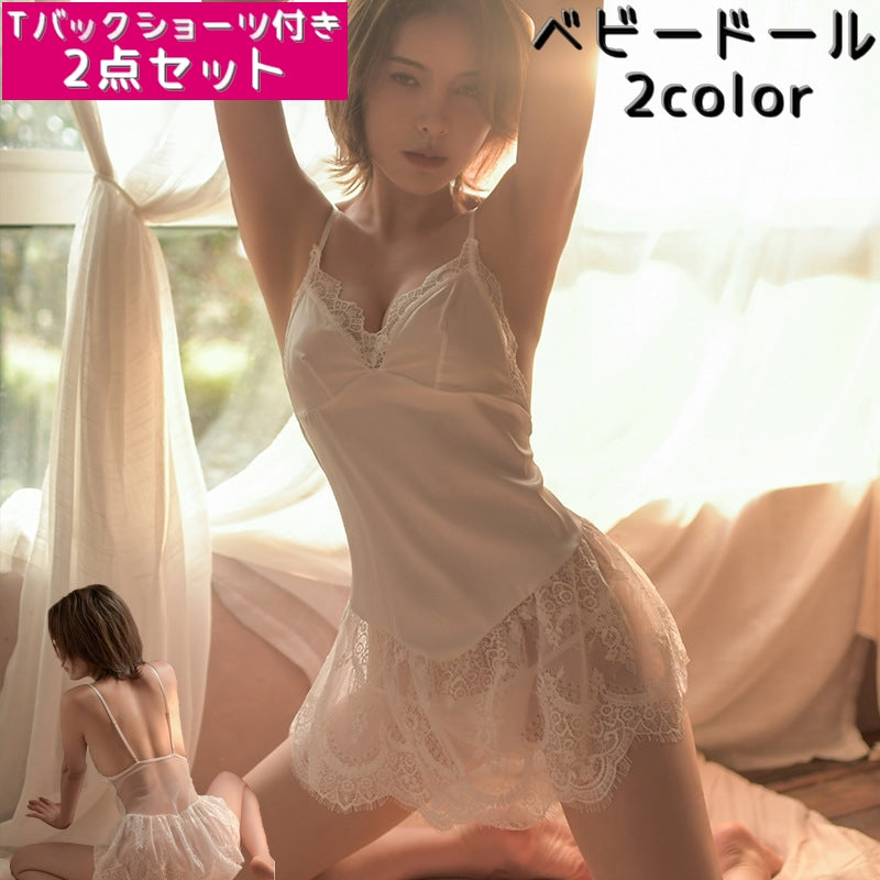ベビードール Tバックショーツ 2点セット レディース 女性用 インナー 下着 ランジェリー セクシー レース ミニ丈 Vネック キャミソール シースルー 光沢感 ナイトウェア