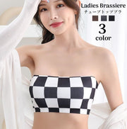 チューブトップブラ ブラジャー レディース インナー カップ付き 女性下着 ストラップレス 4列ホック 3段ホック ノンワイヤー 肩出しコーデ チェック柄 婦人下着 おしゃれ