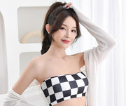 チューブトップブラ ブラジャー レディース インナー カップ付き 女性下着 ストラップレス 4列ホック 3段ホック ノンワイヤー 肩出しコーデ チェック柄 婦人下着 おしゃれ