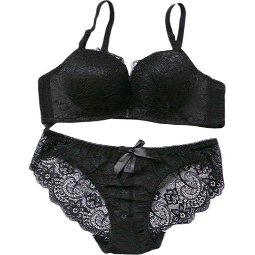 ブラジャー ショーツ 上下セット ノンワイヤーブラ 下着 女性用 レディース 婦人 フロントホック 3/4カップ スタンダードショーツ レース 花柄 リボン シースルー 透け感 おしゃれ かわいい