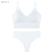 スポーツブラ 3／4カップブラ Tバックショーツ 上下セット 2点セット レディース 女性 インナー 下着 ノンワイヤー ワイヤーなし プルオーバー リブ生地 無地 ブラック ホワイト グレー シンプル カジュアル スポーティ