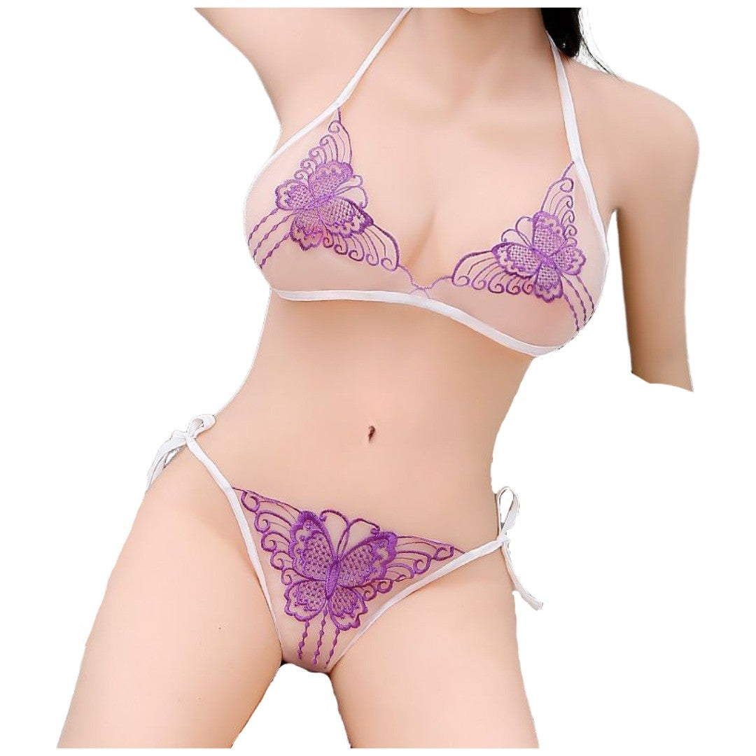 ブラジャー ショーツ 上下セット レディース インナー セクシーランジェリー 下着 三角ブラ Tバック 紐パン 蝶 レース シースルー 透け感 かわいい おしゃれ セクシー 大人女子