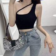 キャミソール ブラトップ ハーフトップ ショート丈 レディース アシメネック クロップド丈 へそ出し 肩見せ セクシー おしゃれ