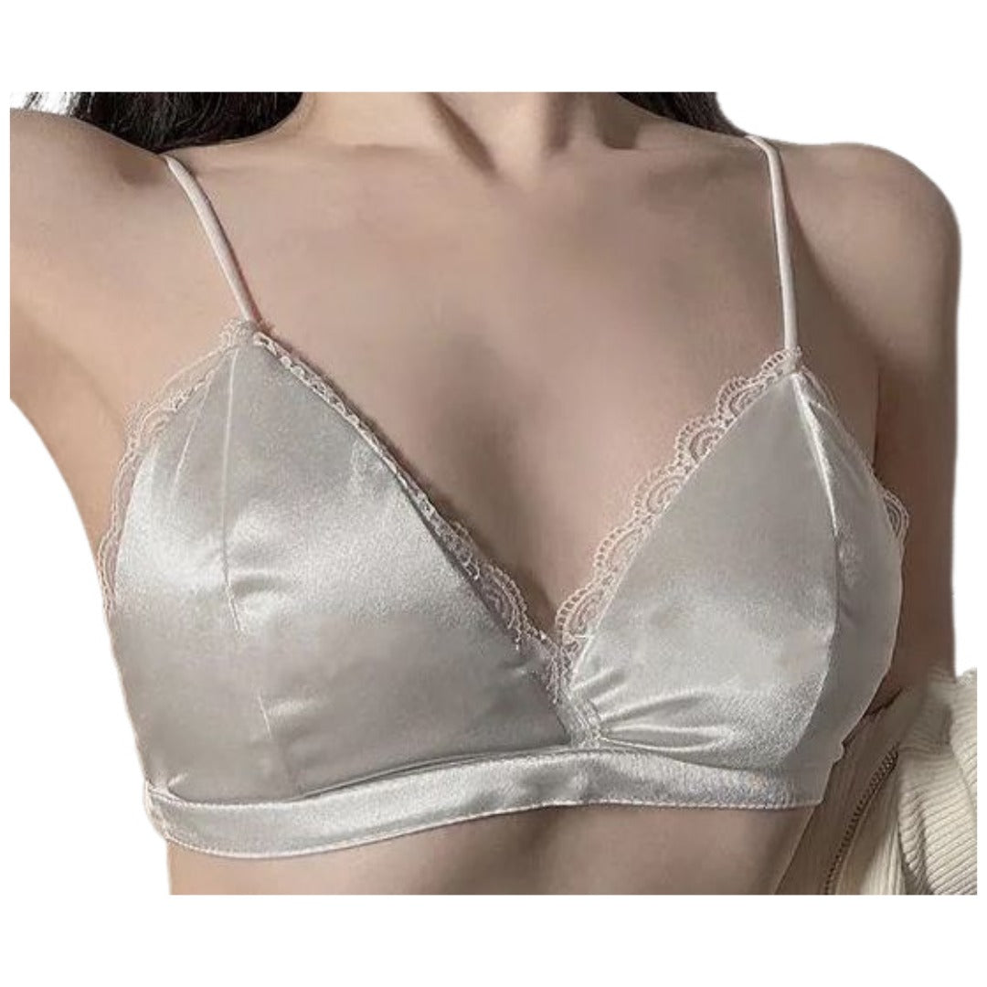 三角ブラ ノンワイヤーブラ ブラジャー レディース 女性用 インナー 下着 スカラップ レース サテン調 光沢感 セクシー かわいい エレガント フェミニン アンダーウェア