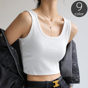 タンクトップ カットソー レディース 女性用 トップス インナー Uネック へそ出し ショート丈 リブ生地 ノースリーブ 袖なし 無地 単色 スポーツ ベーシック 定番 シンプル カジュアル 着回し おしゃれ