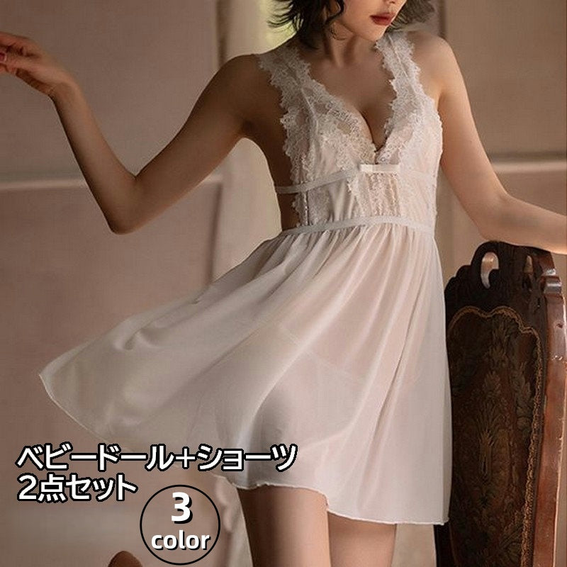 ベビードール セクシーランジェリー Tバックショーツ 2点セット レディース 女性下着 インナー 下着 レース リボン エプロン 透け感 シースルー 可愛い かわいい おしゃれ 婦人用 コスチューム 記念日 イベント