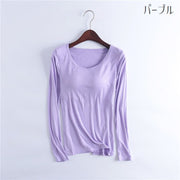 インナー 長袖 カップ付き レディース 女性用 トップス Tシャツ 無地 ラウンドネック 丸首 大きいサイズ シンプル カラバリ豊富 ベーシック ロンT ロンティー カットソー 下着 ブラック ホワイト グレー ピンク ネイビー 黒 白