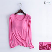 インナー 長袖 カップ付き レディース 女性用 トップス Tシャツ 無地 ラウンドネック 丸首 大きいサイズ シンプル カラバリ豊富 ベーシック ロンT ロンティー カットソー 下着 ブラック ホワイト グレー ピンク ネイビー 黒 白