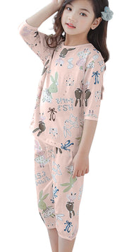 子供用パジャマ パジャマ ルームウェア セットアップ 上下セット 2点セット 子供服 子供 キッズ 男の子 女の子 寝巻き 七分袖 五分袖 七分丈 Tシャツ カットソー パンツ ズボン ラウンドネック 丸首 無地 シンプル ストライプ プリント 動物 総柄 男児 女児