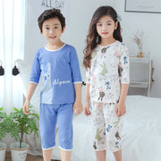 子供用パジャマ パジャマ ルームウェア セットアップ 上下セット 2点セット 子供服 子供 キッズ 男の子 女の子 寝巻き 七分袖 五分袖 七分丈 Tシャツ カットソー パンツ ズボン ラウンドネック 丸首 無地 シンプル ストライプ プリント 動物 総柄 男児 女児