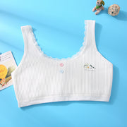 ハーフトップブラ ノンワイヤーブラ スポーツブラ ジュニア 女の子 子供用 インナー ブラジャー スポブラ リブ生地 飾りボタン レース Uネック 鳥 バード かわいい キュート シンプル デイリー 白 ピンク 灰 ベージュ