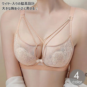 ブラジャー 女性 レース メッシュ 薄手 シースルー ワイヤー入り 3／4カップ 胸を小さく見せる 着痩せ 脇高 脇肉補正 美胸