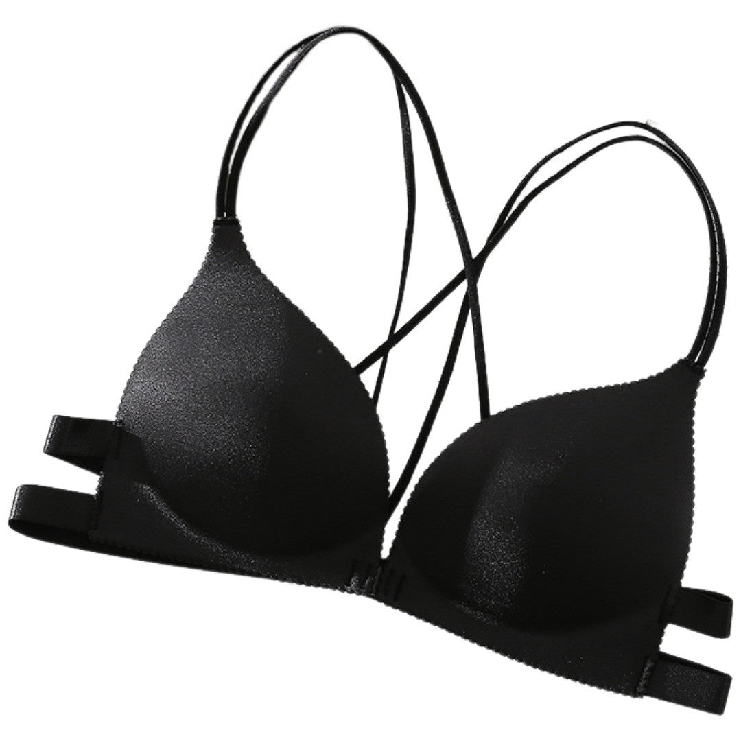 ノンワイヤーブラ ブラジャー フロントホックブラ ストラップレス レディース 女性 下着 インナー 前ホック ダブルストラップ バッククロス 紐 無地 シンプル カジュアル