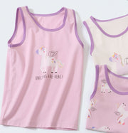 タンクトップ 肌着 3枚セット インナー キッズ 子供服 女の子 下着 ノースリーブ 袖なし インナーキャミソール ラウンドネック プリント入り ユニコーン 英字入り デザイン違い かわいい キュート おしゃれ ガーリー シンプル デイリー 紫 白 ピンク