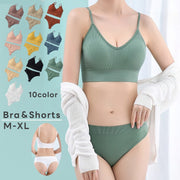 ブラショーツセット ブラジャー ショーツ 上下セット 2点セット フルカップ ノンワイヤー カップ付き ナイトブラ 取り外し可能 Uバック インナー 下着 レディース 女性 リブ シンプル ベーシック カラバリ豊富 ブラック ホワイト ラクチン 白 黒