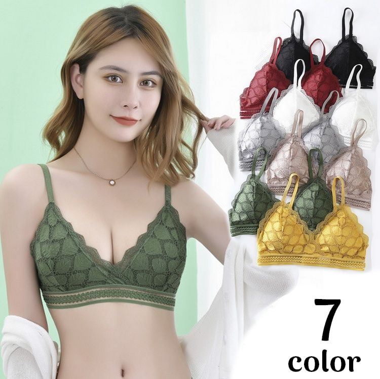 三角ブラ ブラジャー レディース ノンワイヤー レース リーフ柄 おしゃれ かわいい 2段3列ホック 女性 下着 インナー