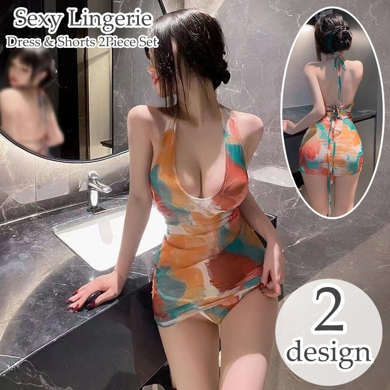 セクシーランジェリー スリップ ワンピース ショーツ 2点セット レディース インナー ホルターネック 背中開き タイト ミニ丈 コスチューム コスプレ衣装