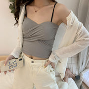 ブラトップ カップ付 キャミソール レディース インナー パッド付 キャミブラ Vネック カシュクール 無地 リブ ホワイト ブラック グレー ワイン