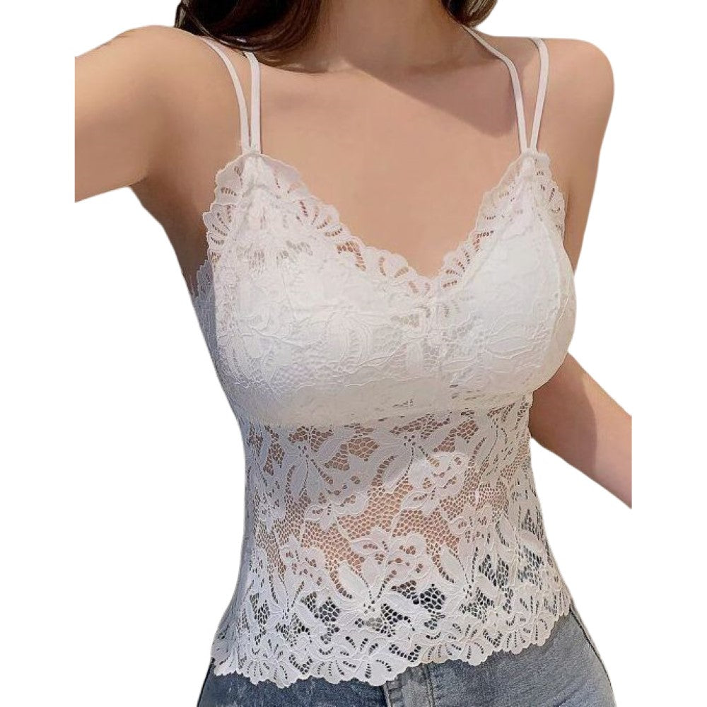 キャミソール レディース 女性用 カップ付き 総レース 透け感 背中開き バックオープン Vネック ダブルストラップ 無地 セクシー おしゃれ レーシー ノースリーブ インナー トップス ブラック ホワイト 黒 白