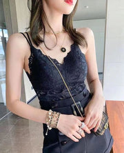 キャミソール レディース 女性用 カップ付き 総レース 透け感 背中開き バックオープン Vネック ダブルストラップ 無地 セクシー おしゃれ レーシー ノースリーブ インナー トップス ブラック ホワイト 黒 白