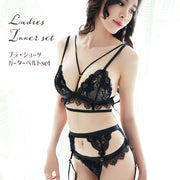 ブラジャー ショーツ ガーターベルト 3点セット ランジェリー レディース 下着 インナー 三角ブラ Tバック レース シースルー セクシー かわいい 黒