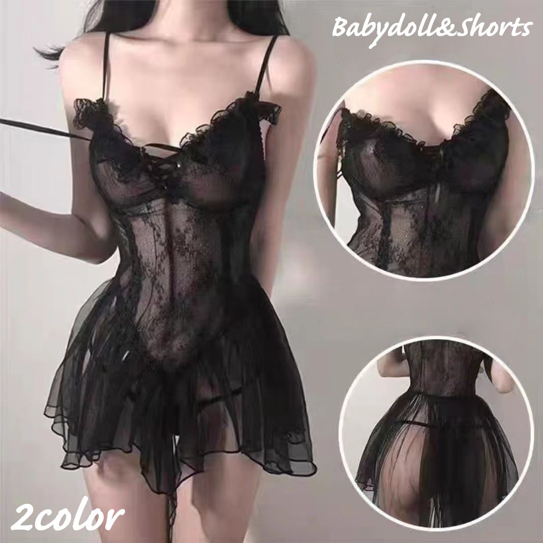 ベビードール Tバックショーツ 2点セット レディース 女性用 インナー 下着 ランジェリー セクシー レース チュール レースアップ ミニ丈 Vネック シースルー 透け感 可愛い フェミニン 大人女子 ナイトウェア 婦人用