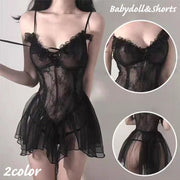 ベビードール Tバックショーツ 2点セット レディース 女性用 インナー 下着 ランジェリー セクシー レース チュール レースアップ ミニ丈 Vネック シースルー 透け感 可愛い フェミニン 大人女子 ナイトウェア 婦人用