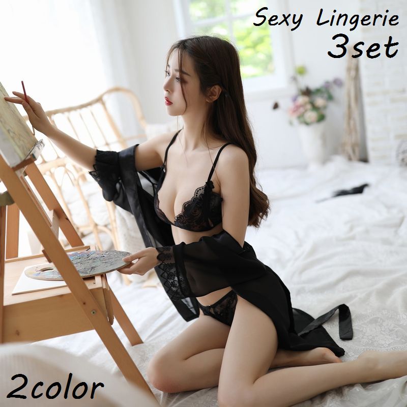 セクシーランジェリー 3点セット ナイトガウン ブラジャー Tバックショーツ レディース レース シフォン 勝負下着 シースルー インナー 女性下着 ナイトウェア パンツ パンティ オープンクロッチ 穴あきショーツ コスプレ コスチューム 透け感 刺繍 花柄 フラワー ホワイト ブラック おしゃれ かわいい 可愛い フェミニン 大人女子 婦人 フリーサイズ