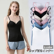 ブラトップ カップ付きインナー キャミソール レディース 下着 肌着 Vネック ブラ一体型 ブラキャミ 楽ちん 婦人服 ノンワイヤー 無地 シンプル ソリッドカラー スリムライン プルオーバー ストレスフリー 女性 黒 白