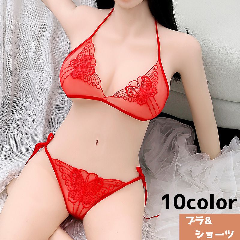ブラ&ショーツ 上下セット 2点セット レディース 女性 下着 インナー 三角ブラ Tバック 紐パン レース シースルー 透け感 おしゃれ 上品 かわいい セクシー