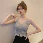 キャミソール レディース トップス Vネック フリル シワ感 ショート丈 シンプル 無地 おしゃれ かわいい インナー カップ ハイウエスト 女性 大人女子 フェミニン カジュアル