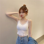 キャミソール レディース トップス Vネック フリル シワ感 ショート丈 シンプル 無地 おしゃれ かわいい インナー カップ ハイウエスト 女性 大人女子 フェミニン カジュアル