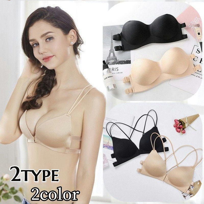 ノンワイヤーブラ ストラップレスブラ シームレス モールドカップ 3/4カップ ハーフカップ 下着 インナー 女性用 レディース 婦人 バッククロス 紐付き ストラップ付き フロントホック サイドホック シンプル 無地 単色 肩見せスタイル オープンショルダーファッション用 おしゃれ
