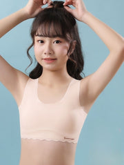 ジュニアブラ キッズブラ インナー 下着 子供用 ブラジャー ハーフトップ ノンワイヤー パッド付き 一体型 シームレス スカラップ ロゴ入り 可愛い シンプル スポーツブラ スポブラ ファーストブラ 初ブラ 女の子 小学生 中学生