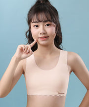 ジュニアブラ キッズブラ インナー 下着 子供用 ブラジャー ハーフトップ ノンワイヤー パッド付き 一体型 シームレス スカラップ ロゴ入り 可愛い シンプル スポーツブラ スポブラ ファーストブラ 初ブラ 女の子 小学生 中学生